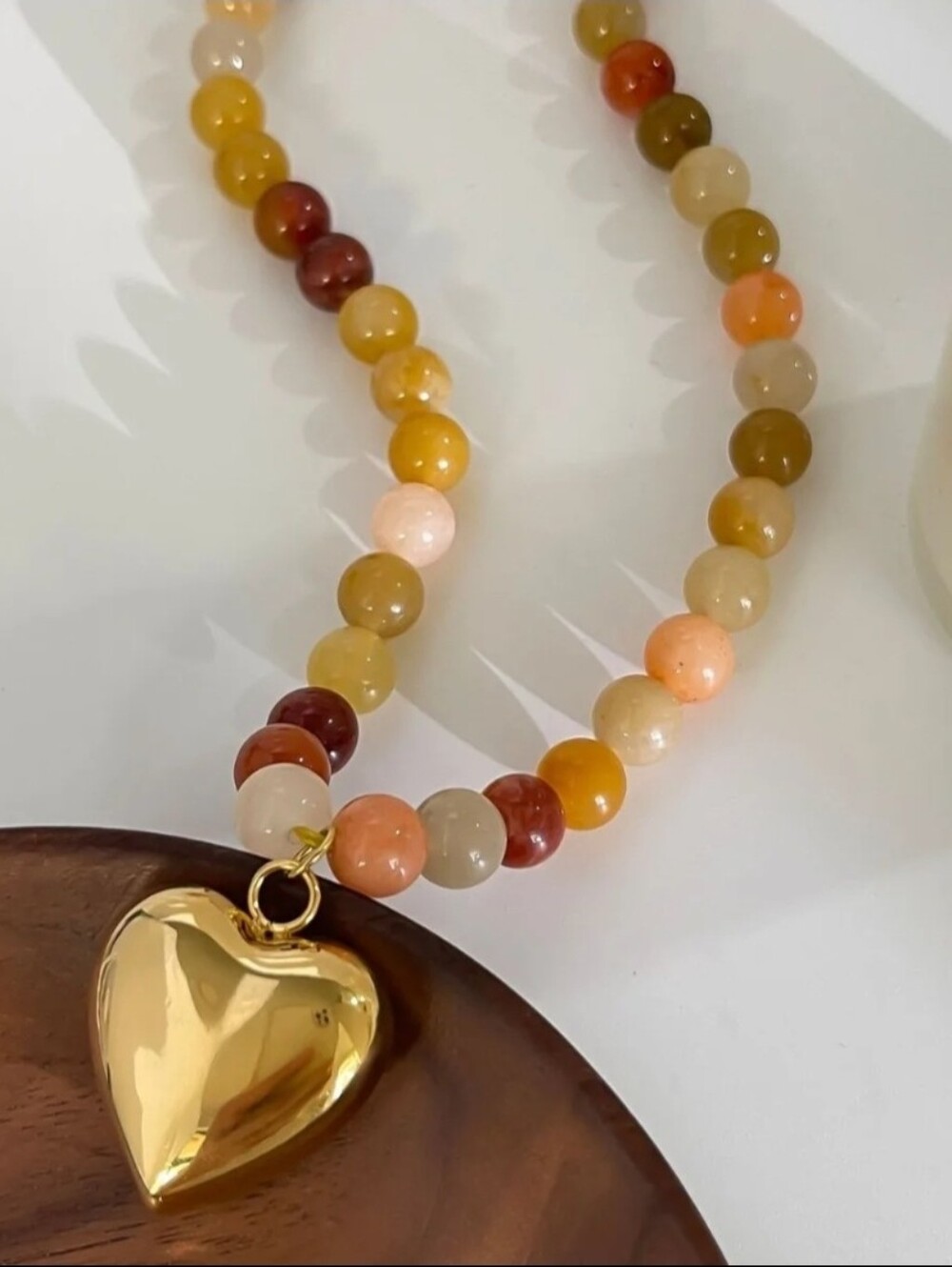 Gold Plated Natural Stone Beaded Heart Pendant Choker Necklace